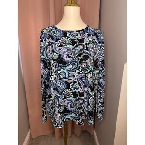 EUC Lands' End UPF 50 Long Sleeve Rash Guard1X 16w/18w Purple Black Aqua Paisley